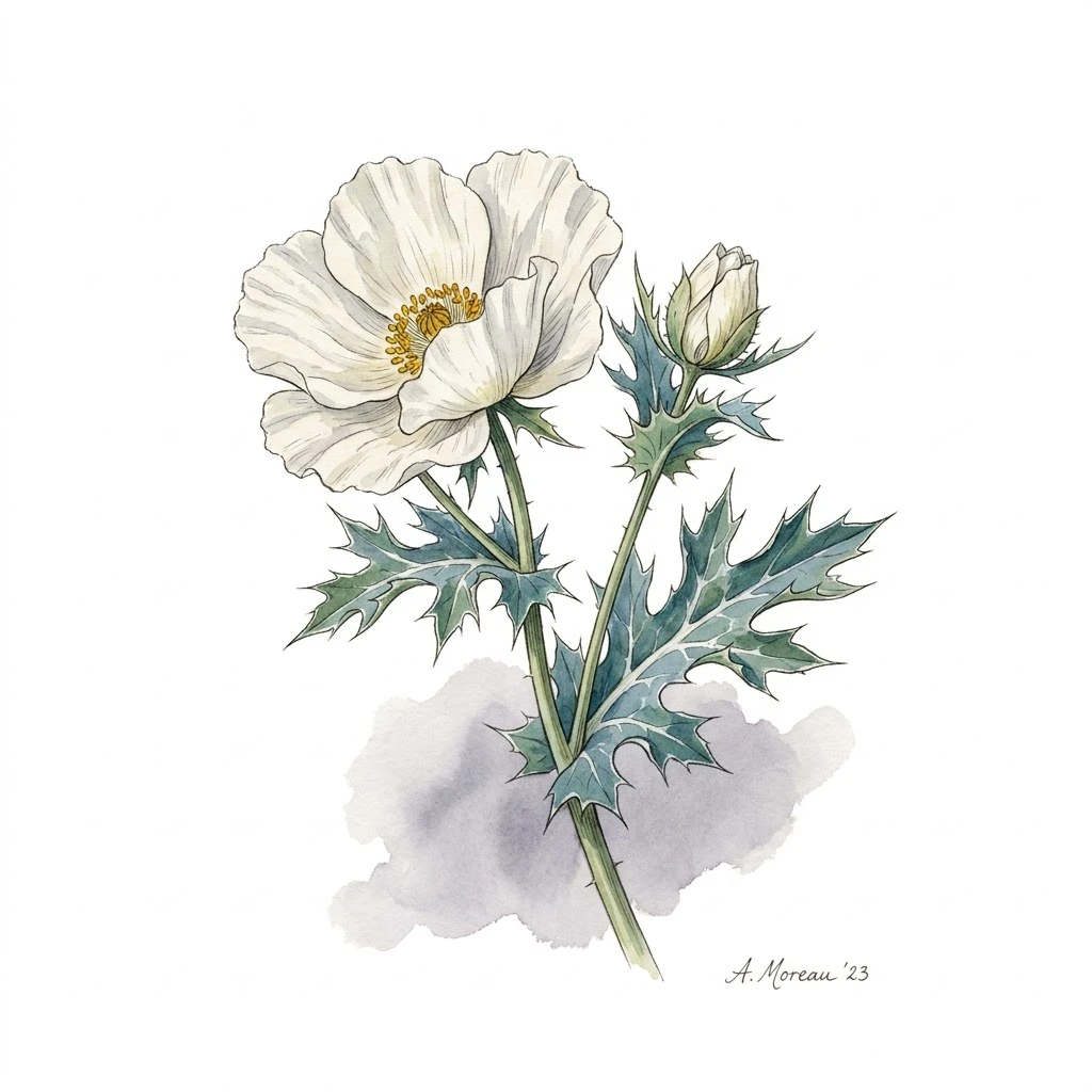 Argemone polyanthemos , aquarelle botanique
