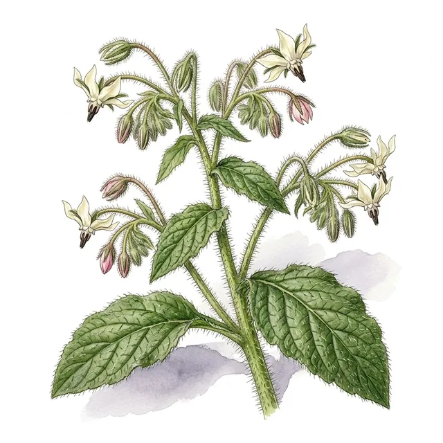 Bourrache à fleurs blanches, illustration botanique