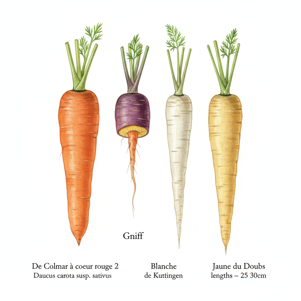 CAROTTES EN MELANGE AB  (De Colmar à coeur rouge 2, Gniff, Blanche de Kuttingen et Jaune du Doubs) — aquarelle botanique