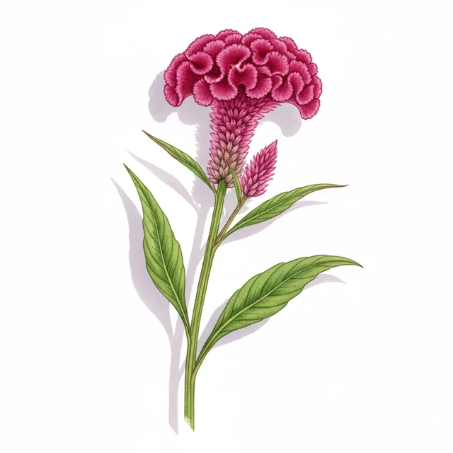 Celosie Flamant Rose, illustration botanique