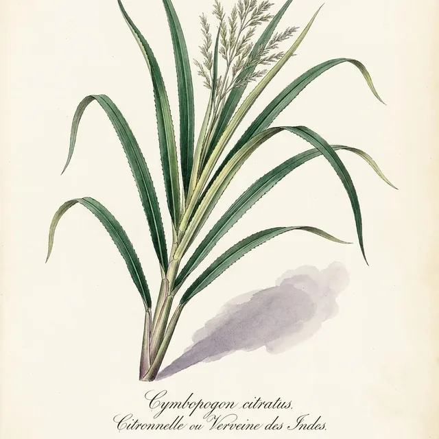 Citronnelle ou Verveine des Indes nt, illustration botanique