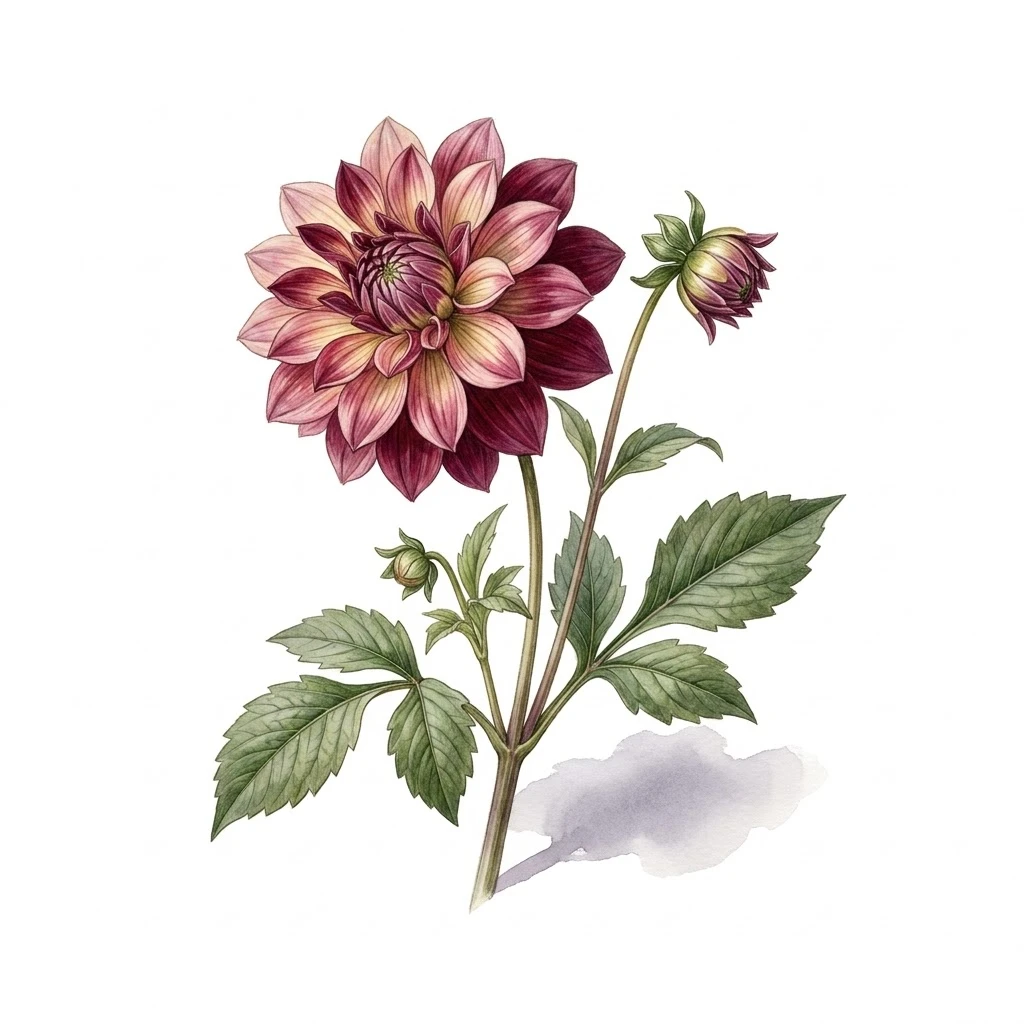 Dahlia Bishop's Children , aquarelle botanique