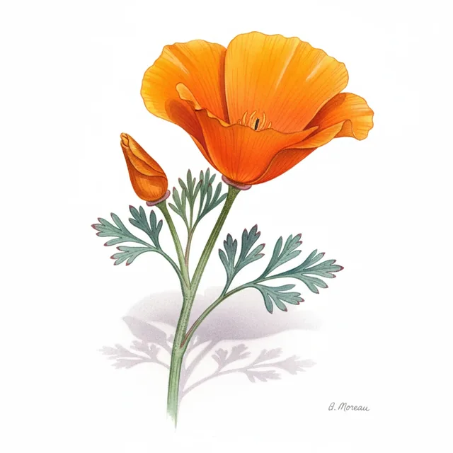 Eschscholtzia Orange, illustration botanique