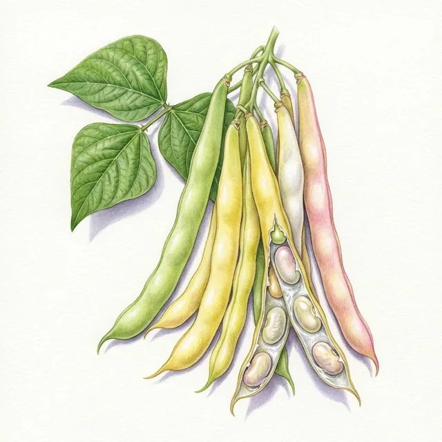 Haricot A Rame Mangetout Plat Beurre Golden Gate, illustration botanique