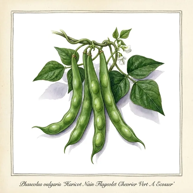 Haricot Nain Flageolet Chevrier Vert A Ecosser, illustration botanique