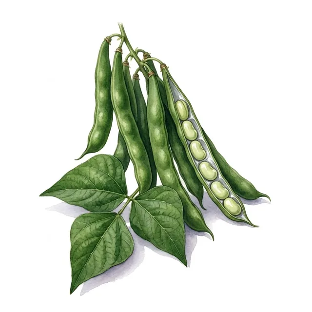 Haricot Nain Mangetout Plat Vert Nassau, illustration botanique