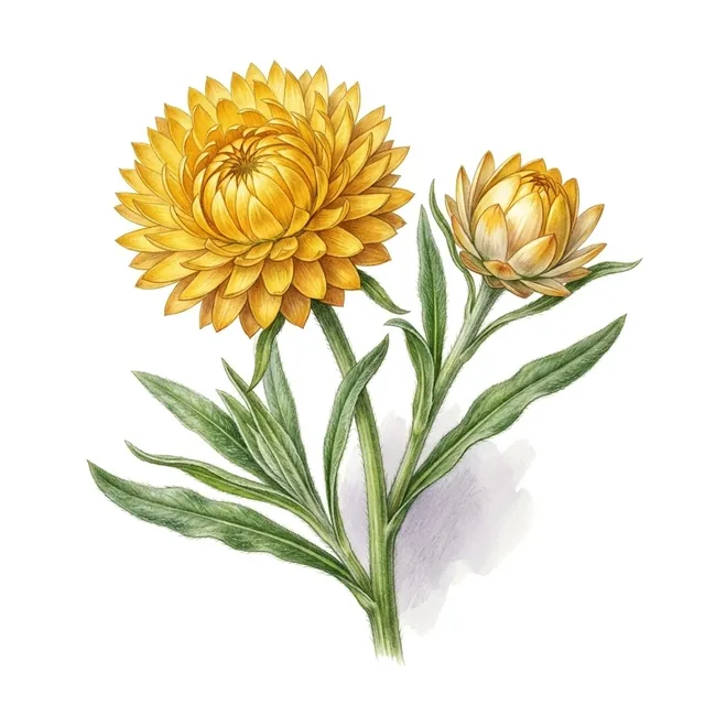 Immortelle Flore Pleno Bikini, illustration botanique