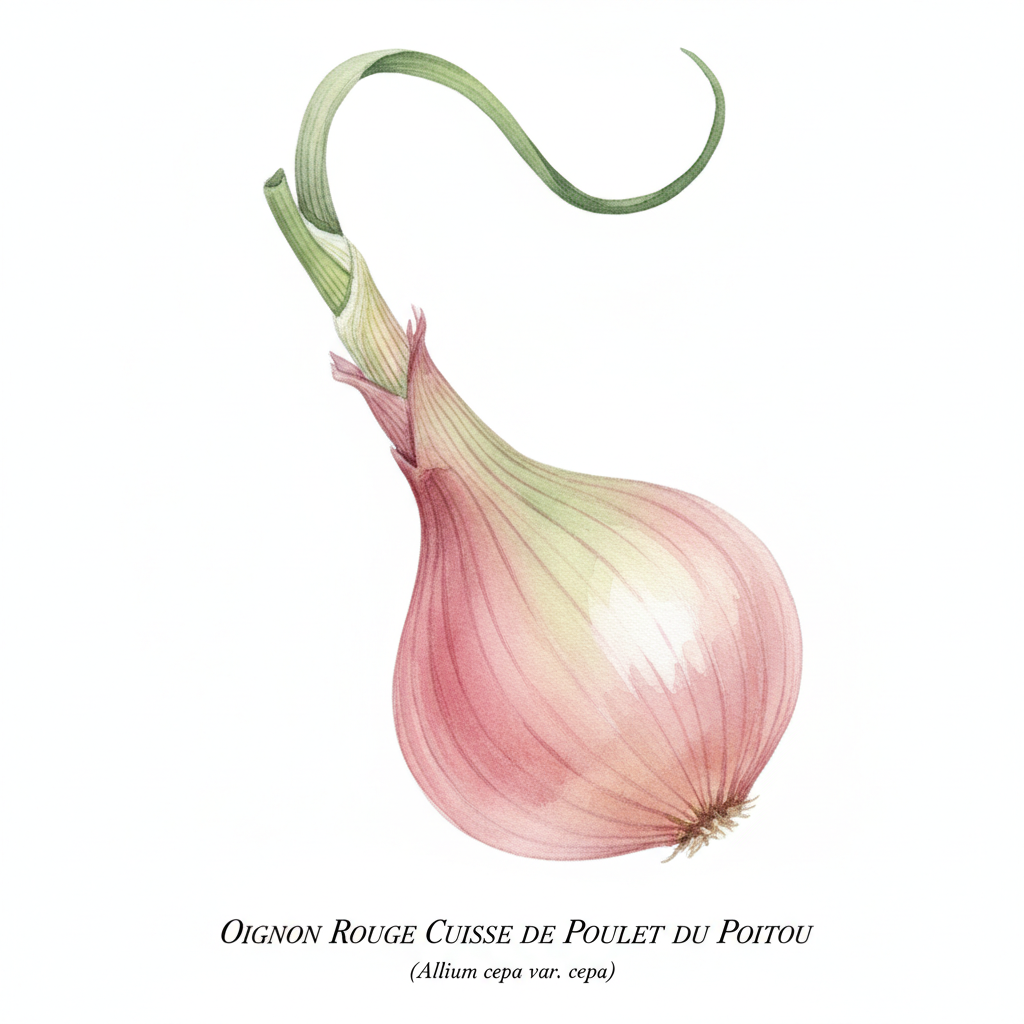 Aquarelle OIGNON ROUGE CUISSE DE POULET DU POITOU ou ZEBRUNE TYPE ECHALION