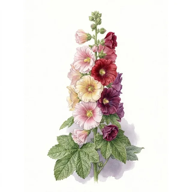 Rose trémière en mélange, illustration botanique