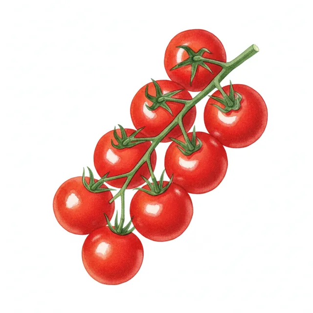 Tomate Cerise Ronde Rouge Delice Du Jardinier, illustration botanique