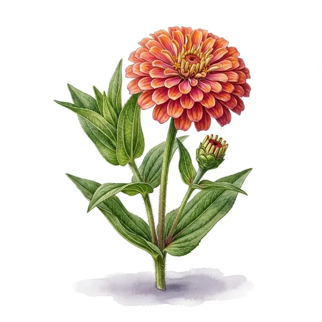 Zinnia Elegans Double Varie, illustration botanique