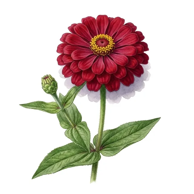 Zinnia Red Beauty, illustration botanique